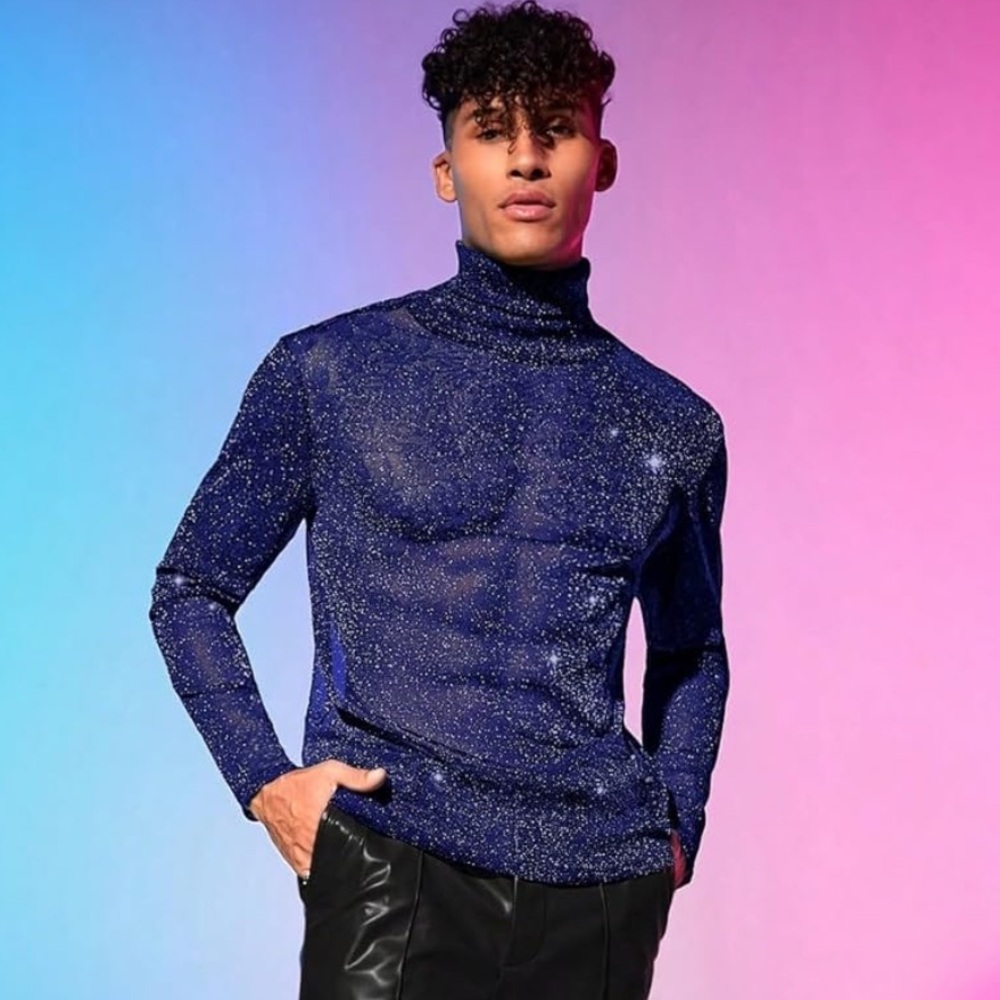 WDIRARA royal blue silver glitter long sleeve sheer mesh turtleneck shirt XL new